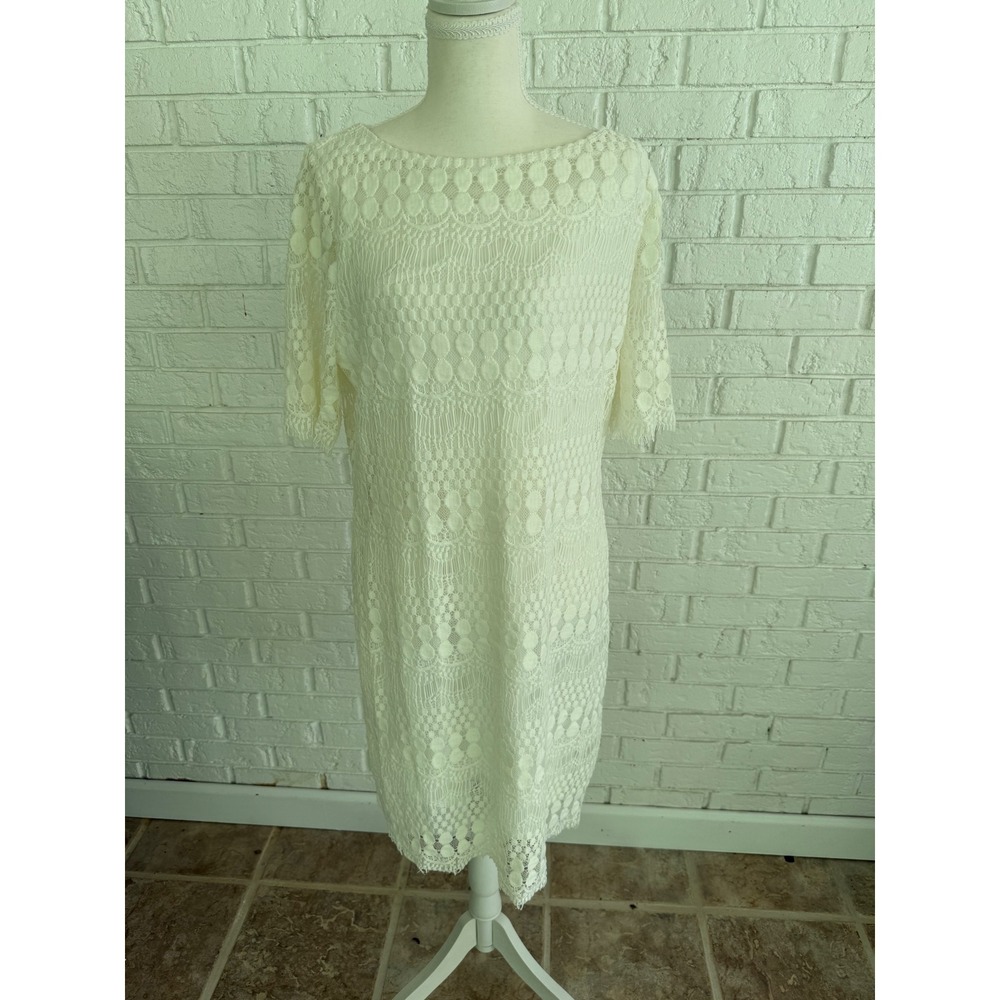 Tiana B Lace Sheath Dress Womens 16 Ivory Excellent Short Sleeve Boat Neck - Picture 2 of 6